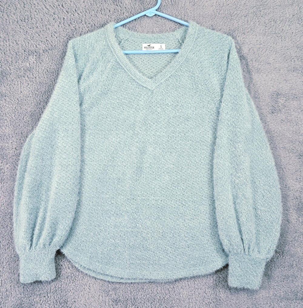 Hollister Mint Green V Neck Slouchy Knit Sweater Balloon Sleeve Textured Size S